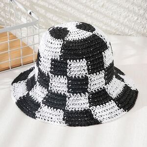 Black White Straw Checkerboard Bucket Hat Trendy Fun Fashion Statement Accessory
